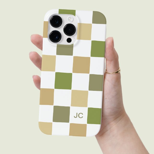 Monogram Kontrollerad Grönt och Beige Modern Mönst (Monogram Checkered Green and Beige Modern Pattern Case-Mate iPhone Case)