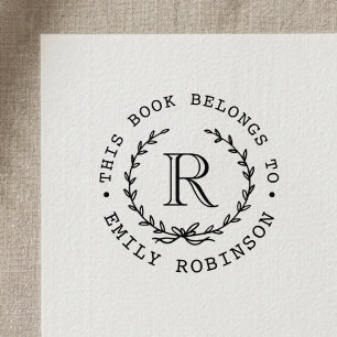 Monogram Krans Denna bok tillhör Bokmärke Självfärgande Stämpel