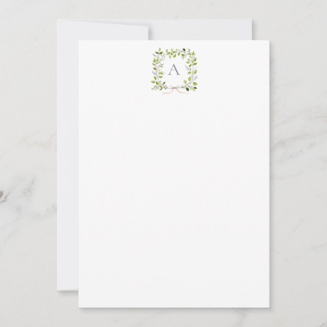 Monogram krans med grönska och band tack kort (Framsida)