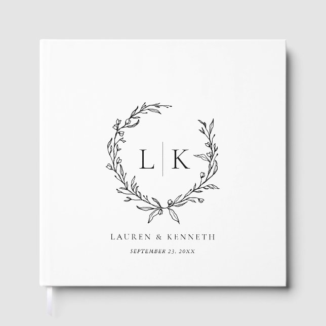 Monogram Krans Svart Vitt Bröllop Gästböcker (Framsida)