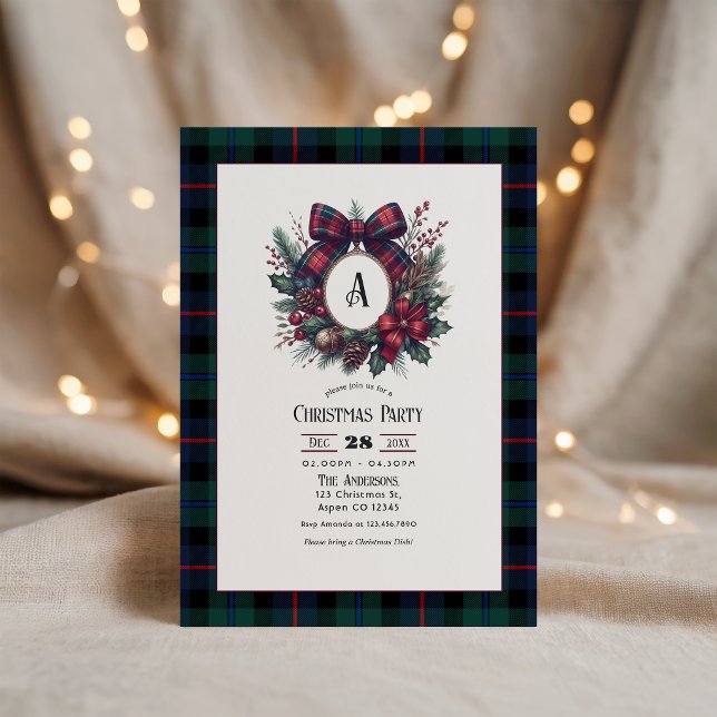 Monogram Krans Vintage Rutmönster Julfest Inbjudningar (Monogram Wreath Vintage Plaid Christmas Party Invitation)