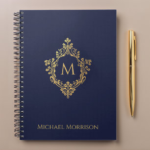 Monogram Krön Navyblå Falskt Guld Elegant Namn Anteckningsbok