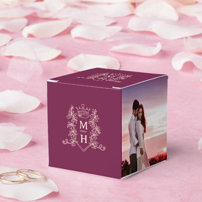 Monogram krona burgundärröd persikobild bröllop presentaskar (Bröllop)