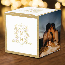 Monogram krona vapensköld, vit guld-foto bröllop presentaskar