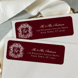 Monogram Krönika Burgundy Bröllop Returadress Etikett