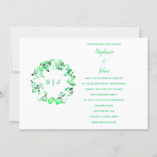 Monogram Krönika Grön Vit Enkel Boho Bröllop Inbjudningar