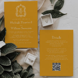 Monogram Krönika Ringblomma Gul QR-kod Bröllop Inbjudningar