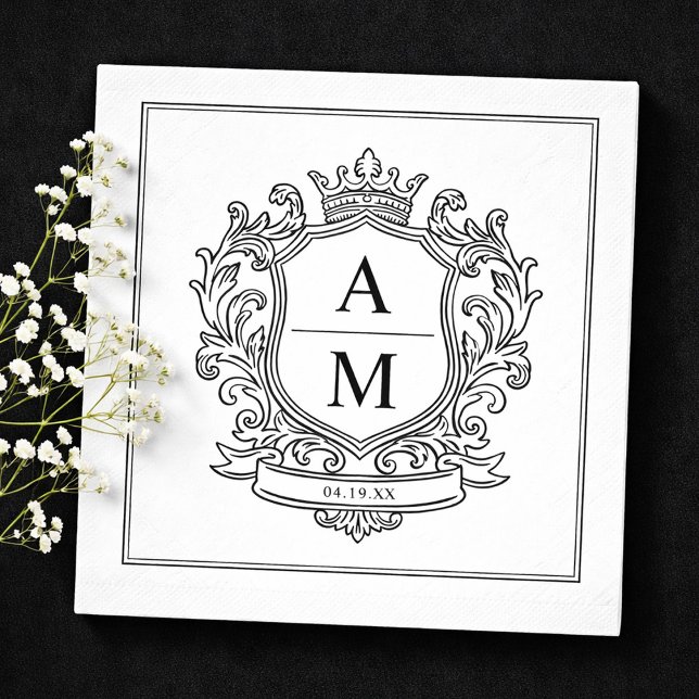 Monogram Krönika Svart och Vitt Pappersbröllop Pappersservett (Monogram Crest Black and White Paper Wedding Napkins)