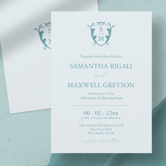 Monogram krönings Anpassningsbar Ljusblå Bröllop Inbjudningar ( wedding invitation blue minimalistic custom monogram crest Victoria Grigaliunas)