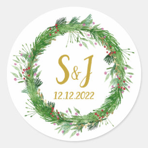 Monogram Kuvertförsegling för Winter Greenery Br Runt Klistermärke