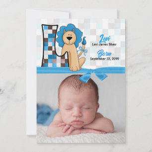 Monogram L Blue Lejon Nyfödd bebis Birth Meddelande
