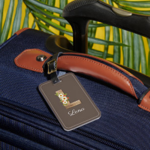 Monogram L brunt träliteral blomma Bagage Tag Bagagebricka