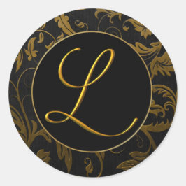 Monogram L Guld och Black Damask Wedding Seal Runt Klistermärke