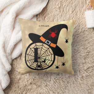 Monogram L Halloween Himlar Witch Spiders Namn Kudde