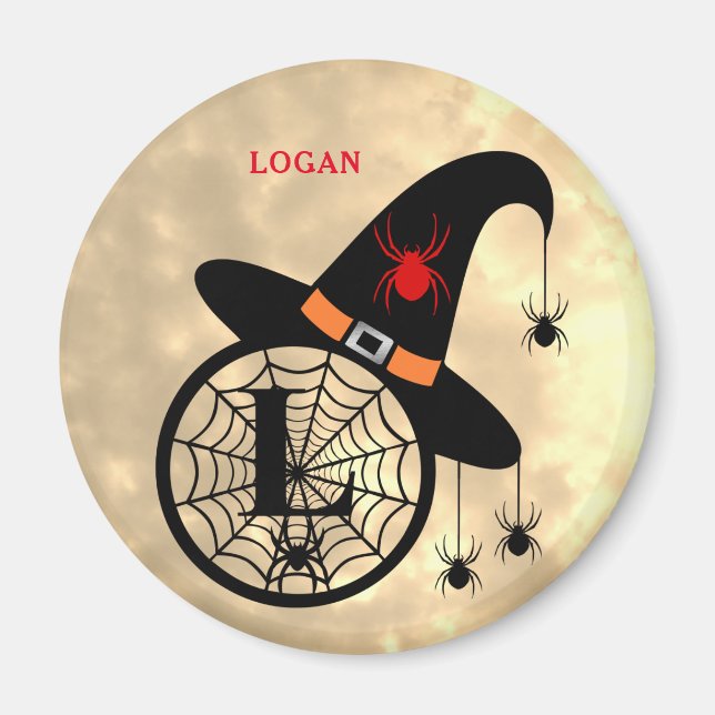 Monogram L Halloween Himlar Witch Spiders Namn Mag Magnet (Framsidan)