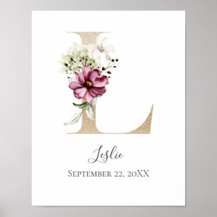 Monogram L Rosa Vitt Blommig Guld Bokstav Barnkamm Poster