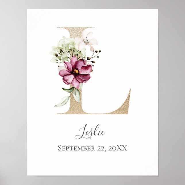 Monogram L Rosa Vitt Blommig Guld Bokstav Barnkamm Poster (Framsidan)