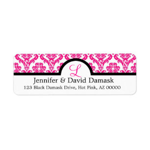 Monogram L Shock rosa Bröllop Damask Returadress Etikett