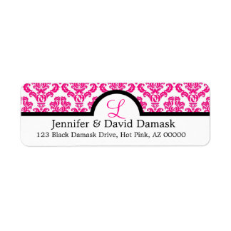 Monogram L Shock rosa Bröllop Damask Returadress Etikett