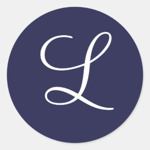 Monogram L, vit på marinblå, Runt Klistermärke