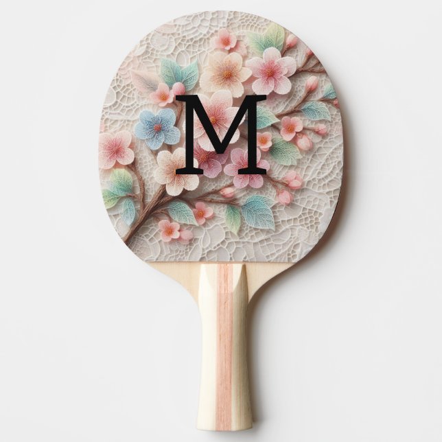 Monogram lace floral pink pastel cherry blossom  pingisracket (Framsidan)