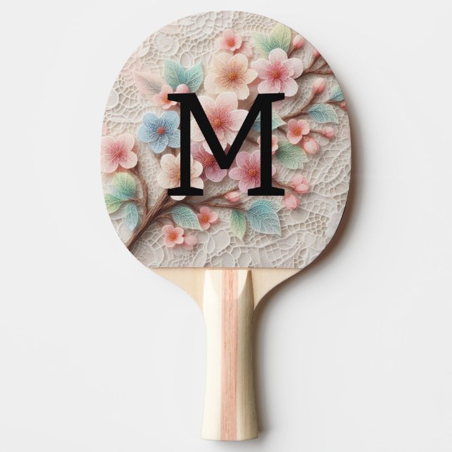 Monogram lace floral pink pastel cherry blossom  pingisracket (Framsidan)