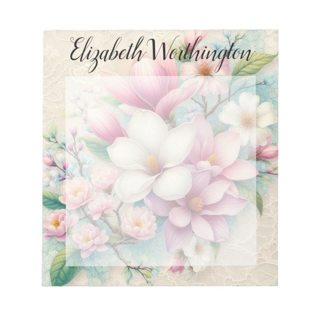 Monogram lace floral pink purple magnolia flower anteckningsblock (Framsida)