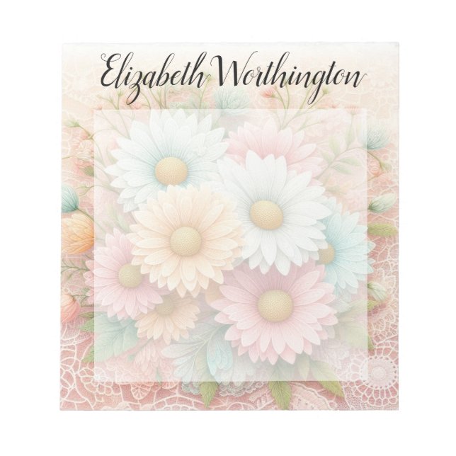 Monogram lace floral pink white blue daisies  anteckningsblock (Framsida)