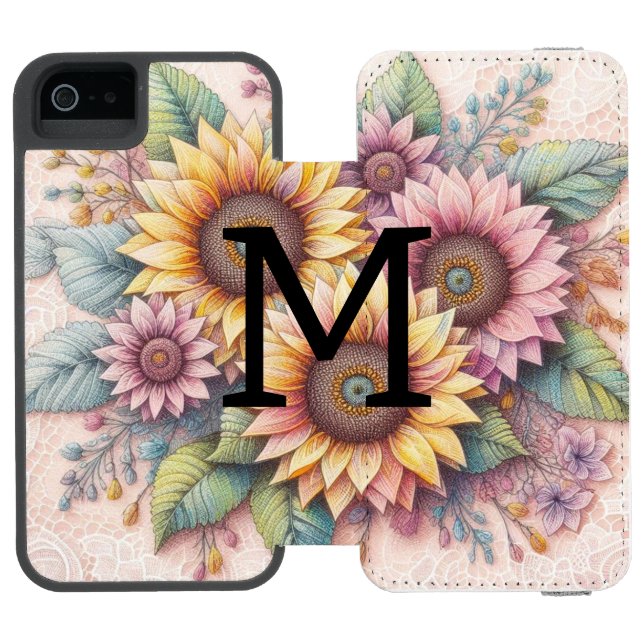 Monogram lace floral pink yellow orange sunflowers incipio iPhone wallet skal (Folio Öppen)