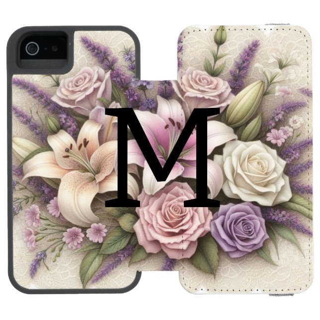 Monogram lace floral purple roses lavender lilies  incipio iPhone wallet skal (Folio Öppen)