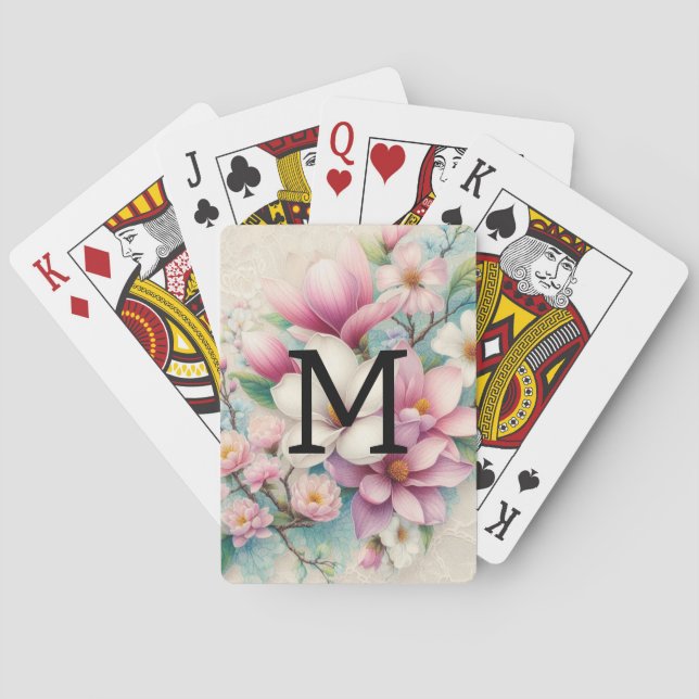 Monogram lace pink purple magnolias flowers  casinokort (Baksidan)