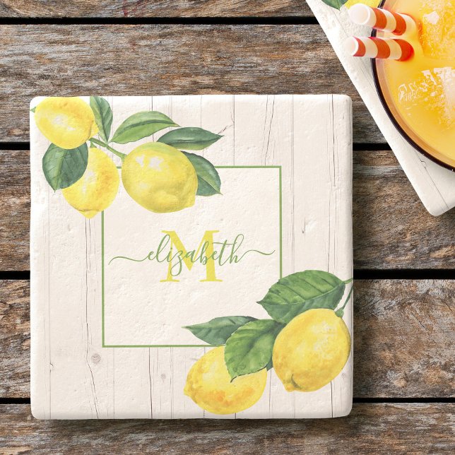 Monogram land lemons akvarell på rustikt trä stenunderlägg (Skapare uppladdad)