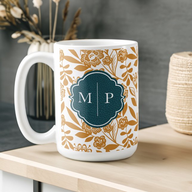 Monogram Land Stil Bold Blommönster Gult Kaffemugg (Monogram Country Style Bold Floral Pattern Yellow Coffee Mug)