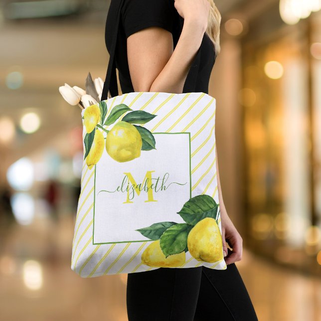 Monogram landsbyts citroner akvarell ränder rustik tygkasse (Skapare uppladdad)