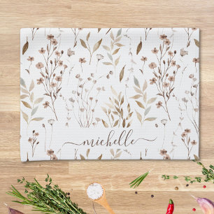 Monogram lantlig elegant brun vildblommor blad kökshandduk