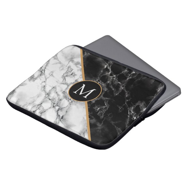 Monogram Laptop sleeve Black White Marble Stone (Framsida topp)