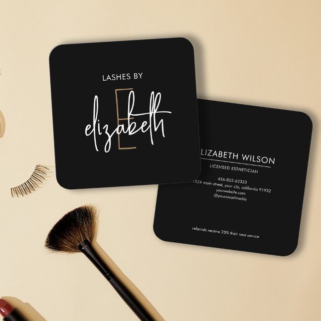 Monogram Lash Esthetician Beauty Fyrkantigt Visitkort (Skapare uppladdad)