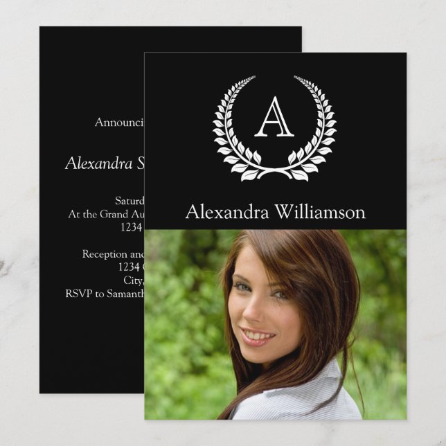 Monogram Laurel Black/White Inbjudningar (Fram/baksida)