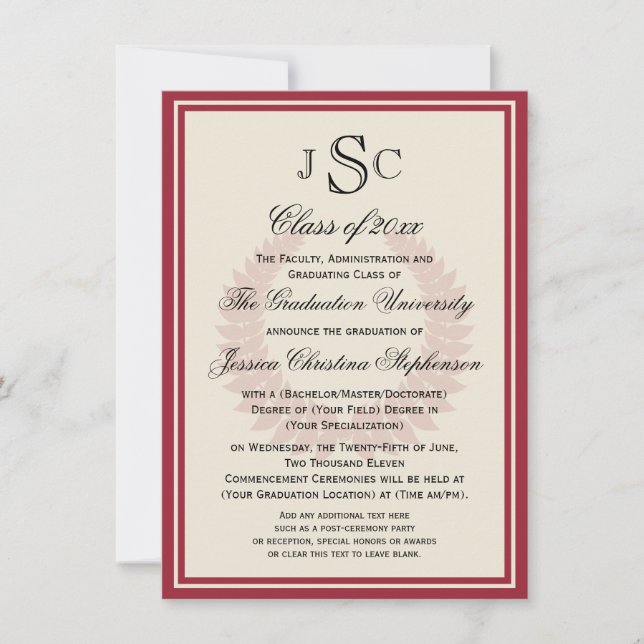 Monogram Laurel Classic College Graduation Inbjudningar (Framsida)
