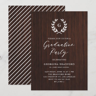Monogram Laurel Wandec Rustic Wood Studenten Inbjudningar