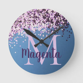 Monogram Lavender Confetti på Blue           Rund Klocka