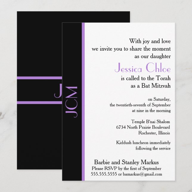 Monogram Lavender Lila Black Bat mitzvah Inbjudningar (Fram/baksida)