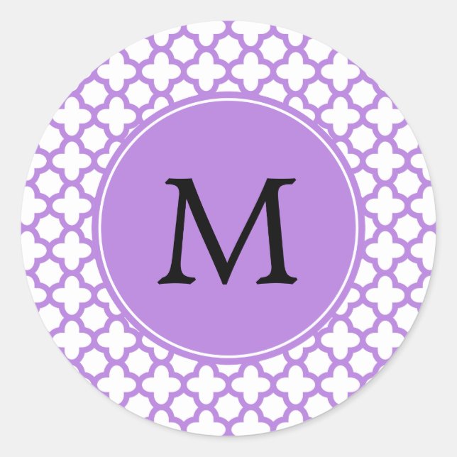 Monogram Lavender Quatrefoil Mönster Runt Klistermärke (Framsida)