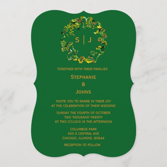 Monogram Leaf Crest Orange Forest Green Wedding Inbjudningar (Framsida)