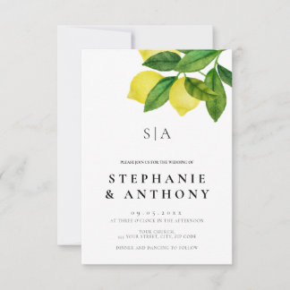 Monogram Lemon Branch Greenery Bröllop Inbjudningar