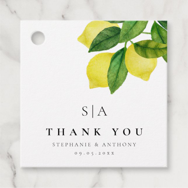 Monogram Lemon Citrus Gren Greenery Bröllop Gåvor Etiketter (Framsida)