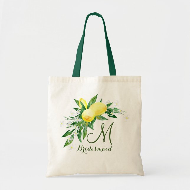 Monogram Lemons Blommar Bridesmaid Tote Bag Tygkasse (Framsidan)