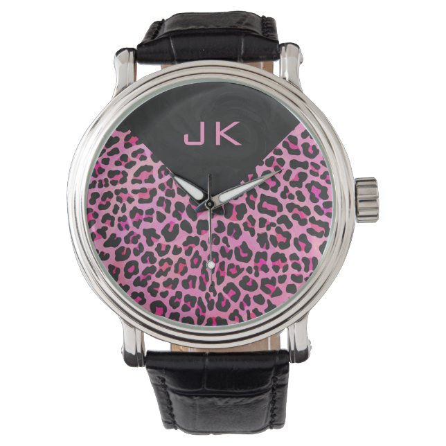 Monogram Leopard Black and Shock rosa Print Armbandsur (Framsida)