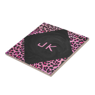 Monogram Leopard Black and Shock rosa Print Kakelplatta