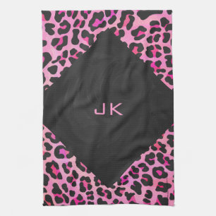 Monogram Leopard Black and Shock rosa Print Kökshandduk